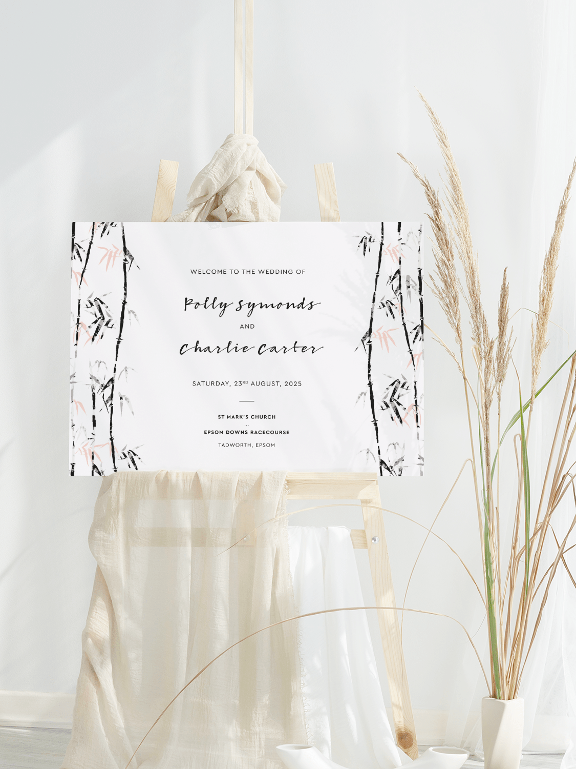 Bamboo White Wedding Welcome Sign - Landscape