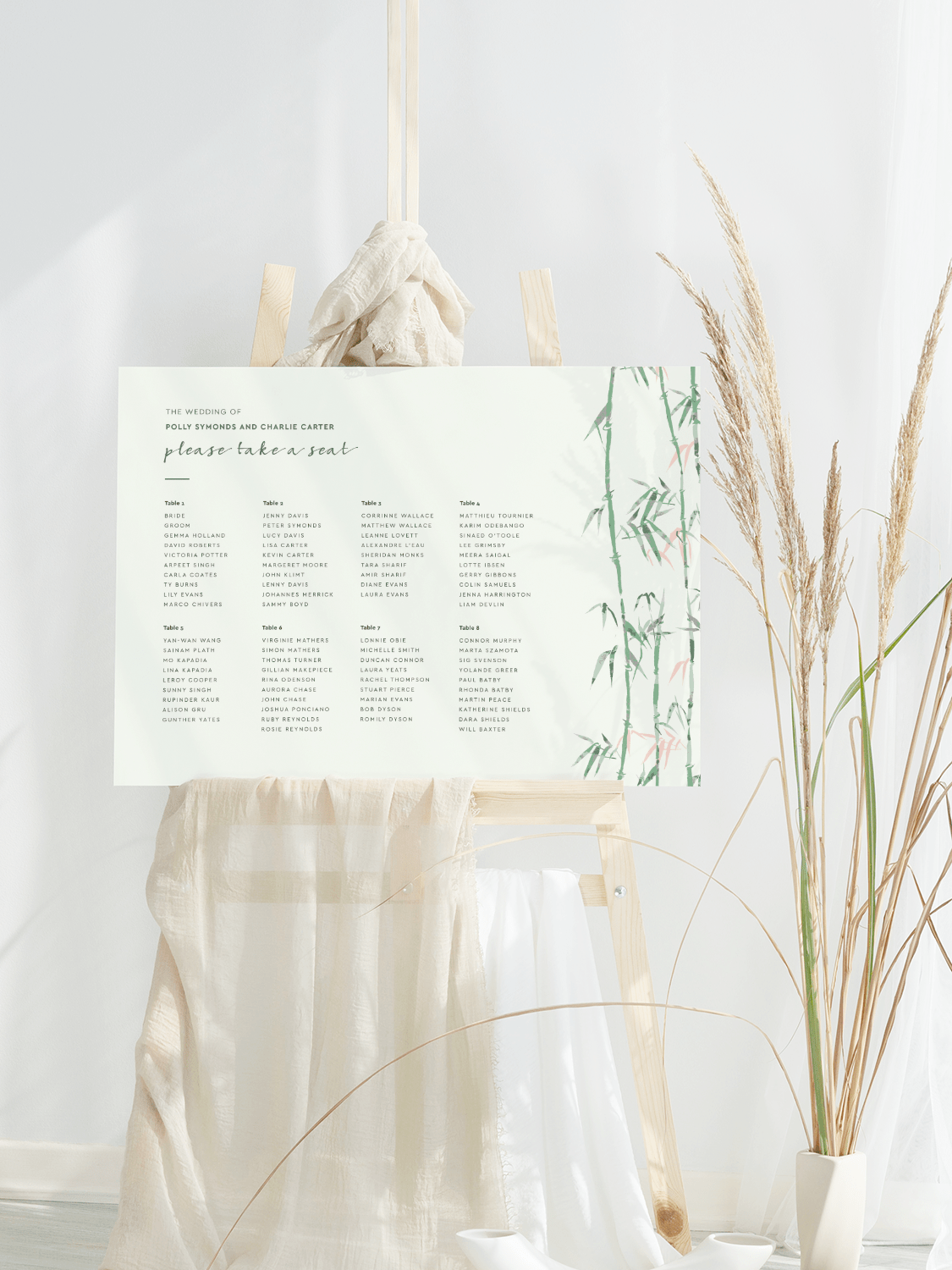 Green Bamboo Wedding Sign - Table Plan Sign - Landscape