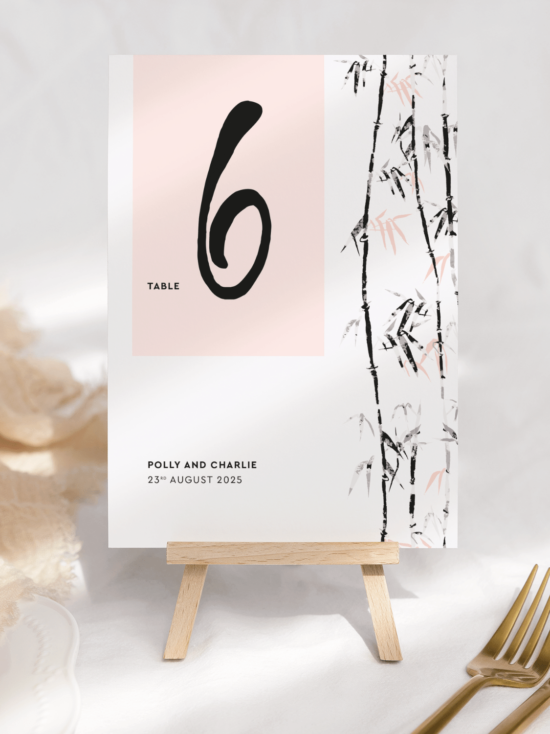 Meditative Bamboo Table Number Card - Front in White and Pink