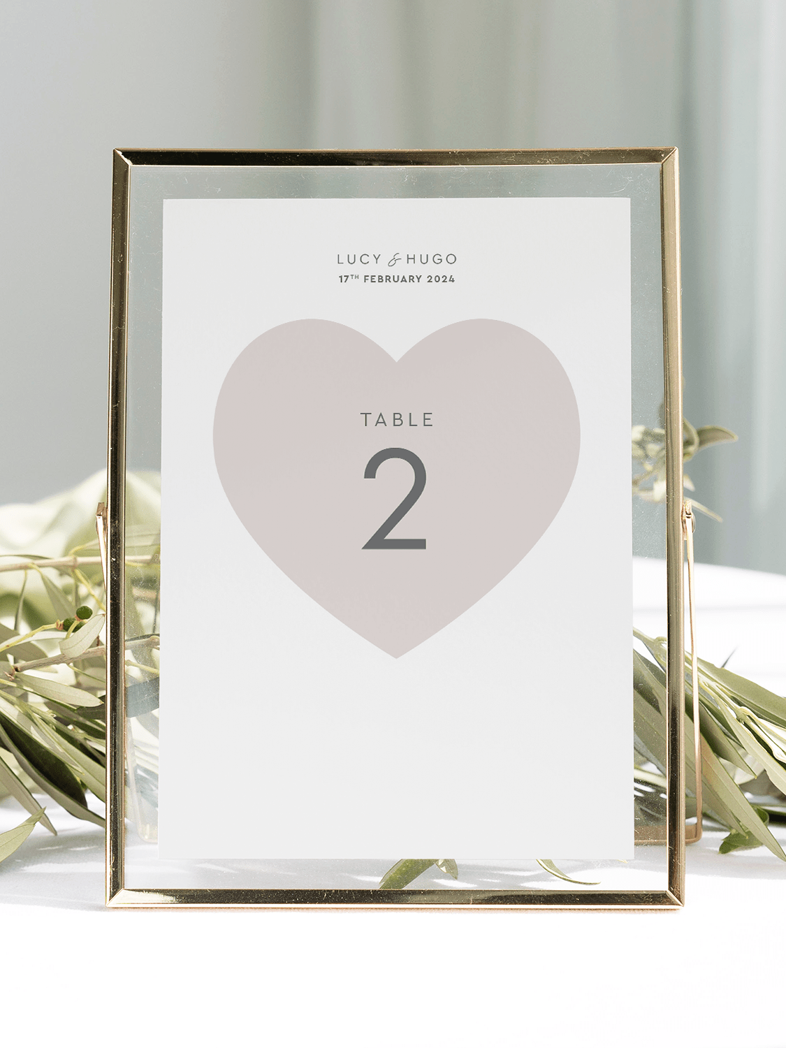 Love Heart Wedding Table Number in Putty - Front