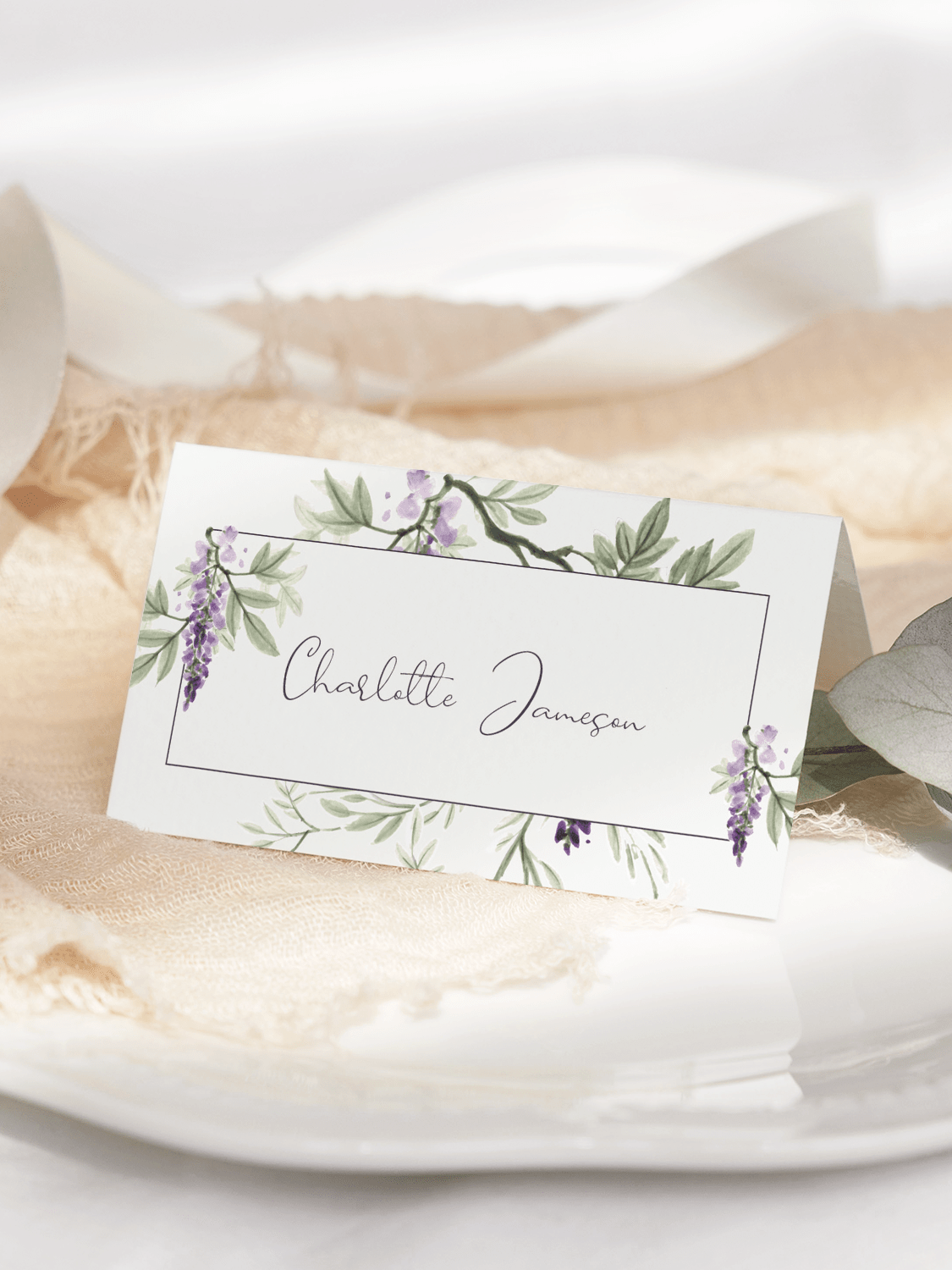 Wisteria Falls wedding place card in Morning Light, front view