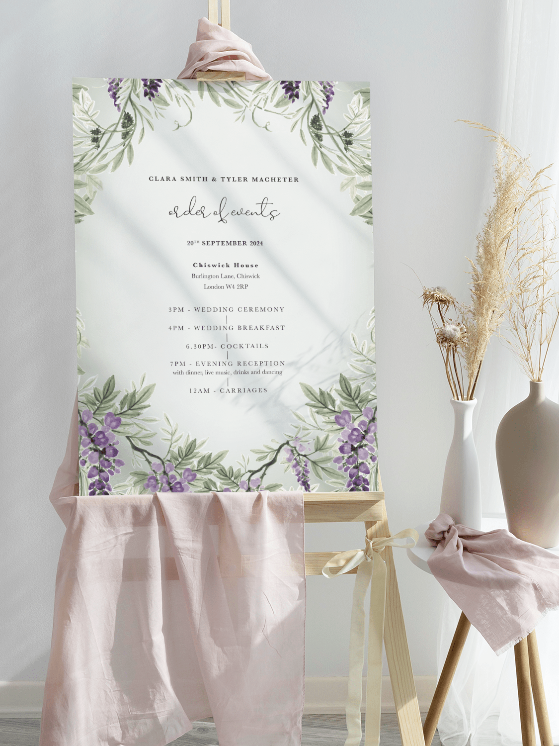 Wisteria Wedding Order of the Day Sign - Subtle Green