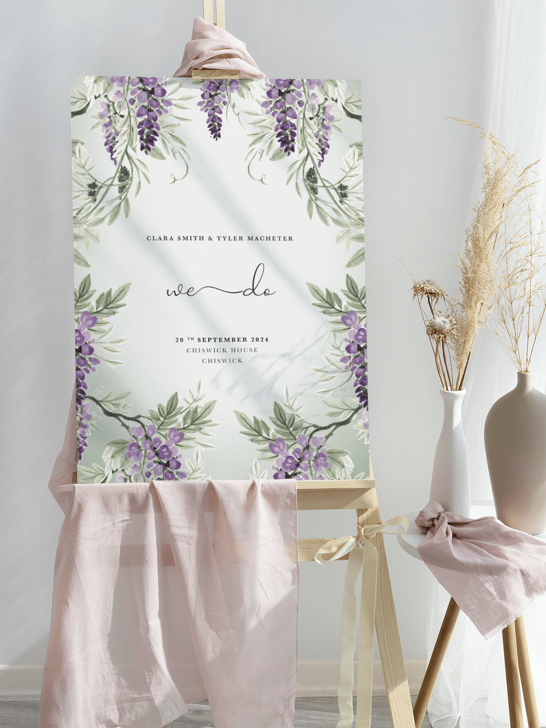 Large Wisteria Falls wedding welcome sign in Garden Green