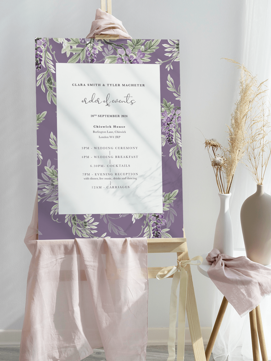 Wisteria Lilac Wedding Order of the Day Sign - Bordered (V2)
