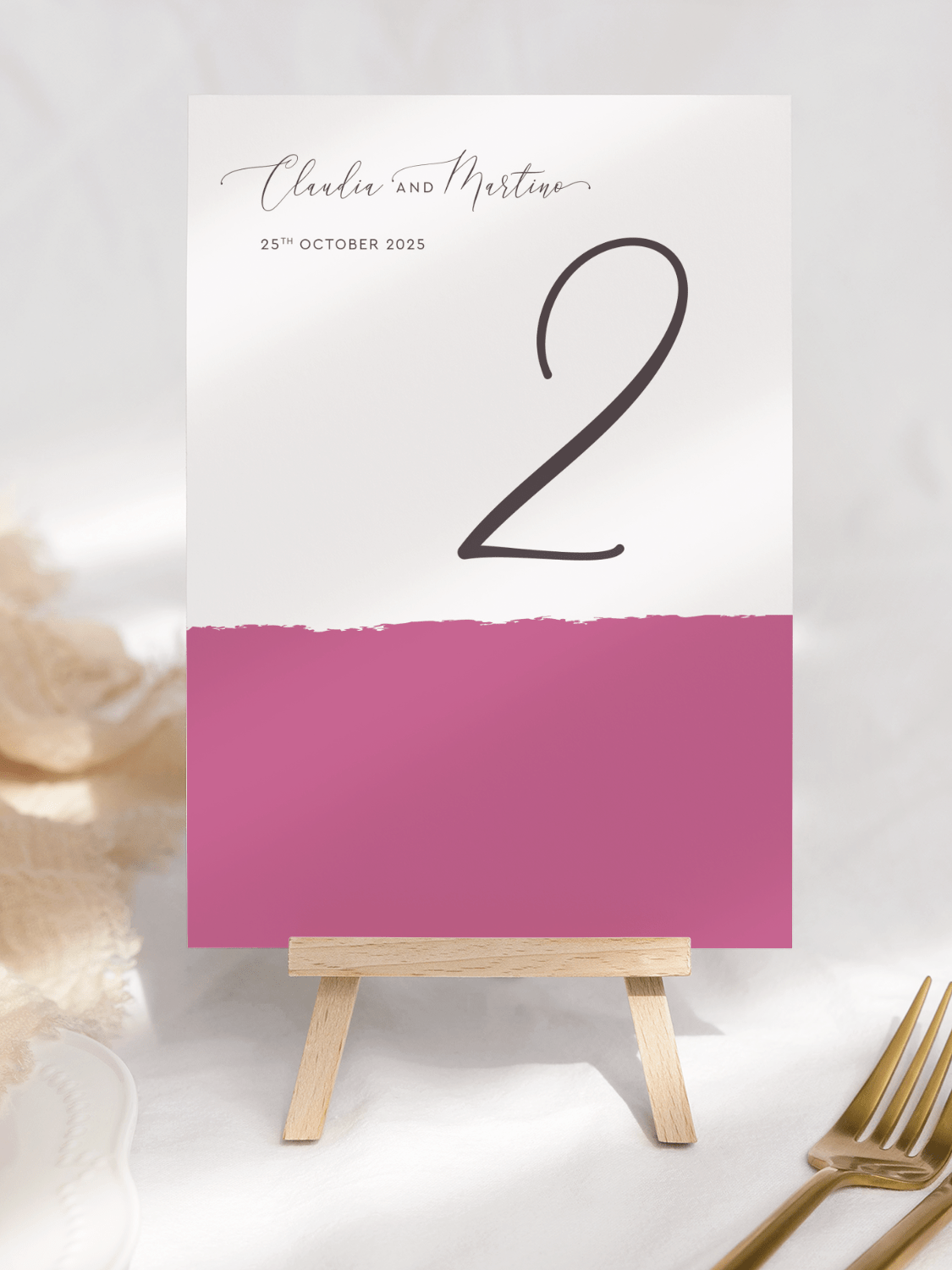 Raspberry Pink Stripe Wedding Table Number Card
